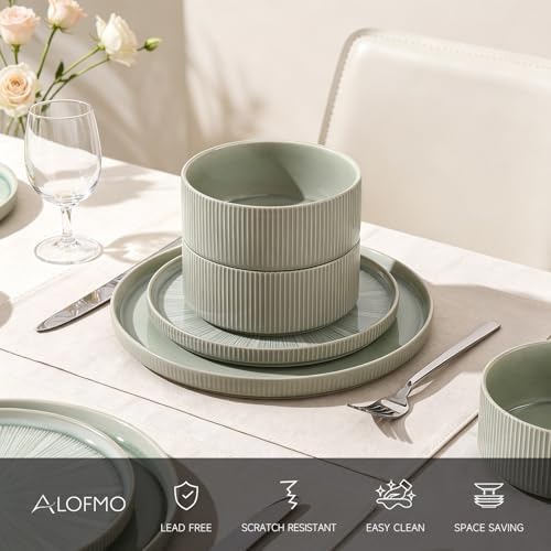 Stoneware Dinnerware Sets for 4, 12-Piece Plates and Bowls Set, Light Green - Image 4
