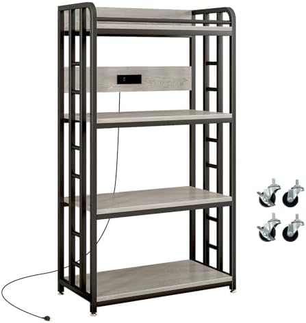 METYERRY Microwave Stand with Storage, 4-Tier Kitchen Bakers Rack with Power Outlet and USB Charging Ports, Rolling Kitchen Cart with Lockable Wheels and Adjustable Shelves for Coffee Bar, Greige by METYERRY