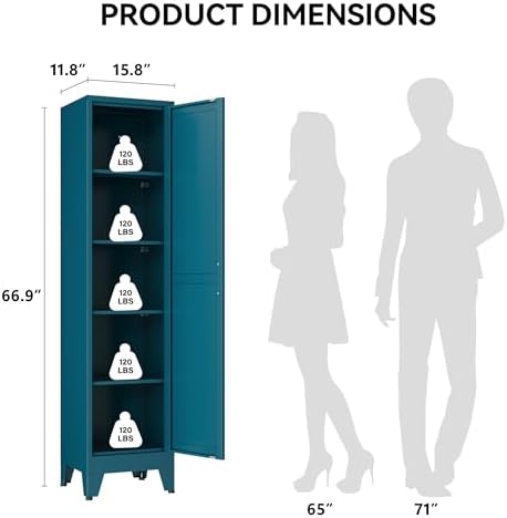 COFaR 67" Metal Narrow Storage Cabinet, Peacock Blue Slim Storage Cabinet with Magnetic Door & 4 Adjustable Shelves, Slim Freestanding Cupboard for Bathroom, Kitchen - Image 2