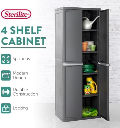 Sterilite 4 Shelf Cabinet, Lockable Utility Storage, Gray - Image 4