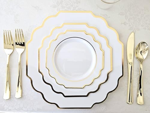 " OCCASIONS " 320 Piece set (40 Guests)-Heavyweight Wedding Party Disposable Plastic Plate Set - 40 x 10.5'' + 40 x 8'' + Silverware + Cups + Napkins (Imperial White & Gold) - Image 4