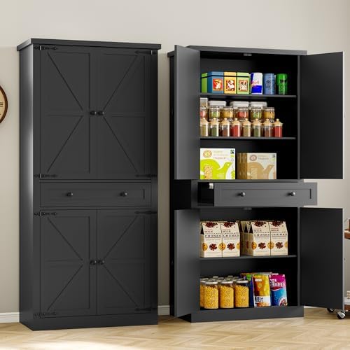 BORNOON Pantry Organizers and Storage Cabinet, 67.7” Barn Door Black Kitchen Cabinet with Drawers and Adjustable Shelf, Tall Pantry for Kitchen, Dining Room, Living Room - Image 4