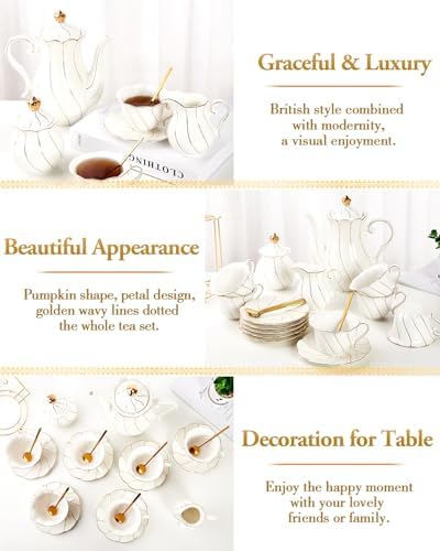 DUJUST 22 pcs White Porcelain Tea Set for 6, Luxury British Style Tea/Coffee Cup Set with Golden Trim, Beautiful Tea Set for Women, Tea Party Set, Gift Package (With a Stand) - Image 4