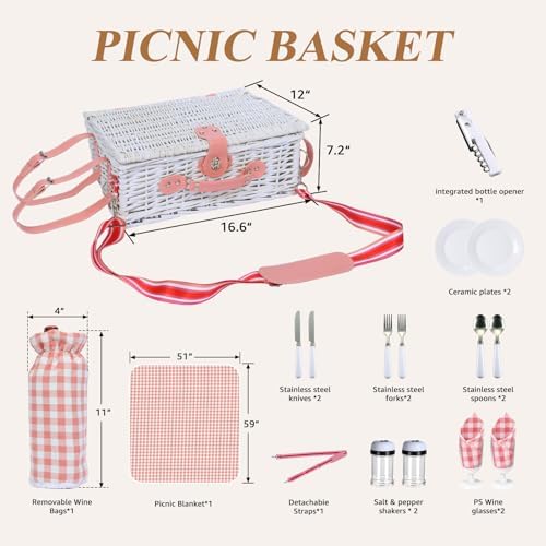 Pink Wicker Picnic Basket for 2, Blanket & Wine Pouch, 16.6" - Image 3