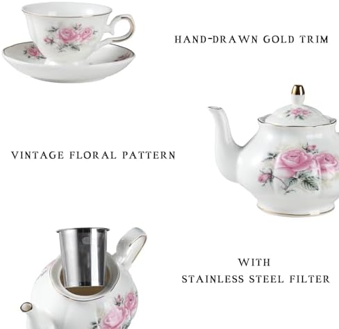 Sweejar Porcelain Tea Set Vintage Floral, British Relief Gold Rim Teapot Cup and Saucer Sets, 22-Piece Tea Sets for Adults, with Teapot, Sugar Bowl, Milk Jug, Spoons, Cup and Saucer (Pink Flower) - Image 2