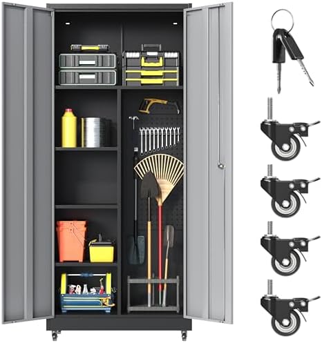 71''H Metal Garage Storage Cabinet with Wheels, Broom Cabinet with Lock by Yoonkool