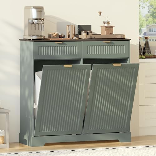 Double 13 Gallon Tilt Out Trash Can Cabinet,Garbage Cabinet with Drawer by JMHDYG