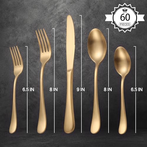LIANYU 60 Piece Matte Gold Silverware Set for 12, Stainless Steel Flatware - Image 2
