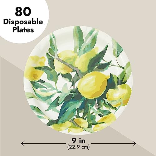 BLUE PANDA Disposable Lemon Farmhouse Paper Plates - 9-Inch, Green Matte, 80 Count, Heavyweight 350 GSM for Citrus Birthdays, Bridal Showers, Lemon Theme Cakes & Desserts - Image 5