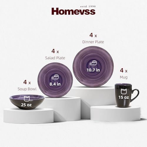 HomeVss Sonoma 16-Piece Dinnerware Set - Serves 4, Black and Speckled Purple Plates & Bowls Set | Microwave & Dishwasher Safe, Spinwash Purple - Image 2