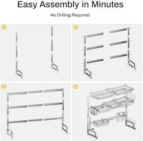 ADBIU Luxurious 304 Stainless Steel Over Sink Dish Drying Rack (Suitable for Sink Length 26.3"- 37.4") Snap-On Design 2 Tier Large Kitchen Dish Rack Stainless Steel Counter Organization and Storage - Image 4
