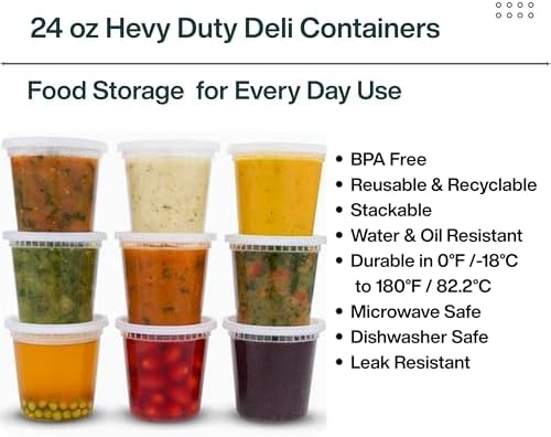 24oz [12 set] Heavy Duty Plastic Deli Container | BPA-Free Food Storage with Airtight Leak‑Proof Lids | Microwave, Freezer & Dishwasher Safe – Stackable, Bulk Reusable Soup & Meal Prep Tub - Image 5