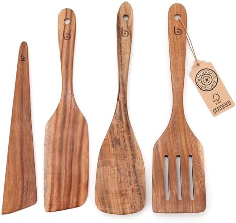 Professional 4-Piece Teak Wood Spurtle Set for Cooking, Precision-Crafted Wooden Utensil Set with Slotted Turner, Frying Spatula, Scraper, Nonstick Safe Wood Kitchen Tools for Stirring & Serving by Boxikikitchen