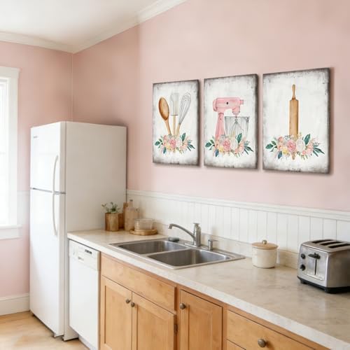 Doqueodas 3pcs Farmhouse Pink Floral Baking Theme Canvas Wall Art 16x24inch - Image 3