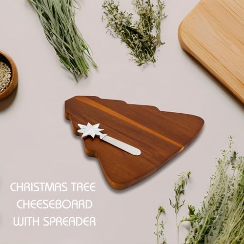 Nambé Christmas Tree Cheese Board - Whimsical Holiday Serveware with Silver Star Spreader, Acacia Wood Charcuterie or Antipasto Tray, Decorative Christmas Entertaining and Seasonal Table Accent - Image 2