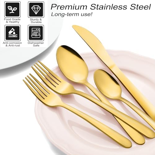 Pleafind 48-Pieces Gold Silverware Sets for 8, Stainless Steel Cutlery Set with Steak Knives, Flatware Set, Include Forks Spoons and Knives Set, Dishwasher Safe Utensil Sets for Home Restaurant - Image 4