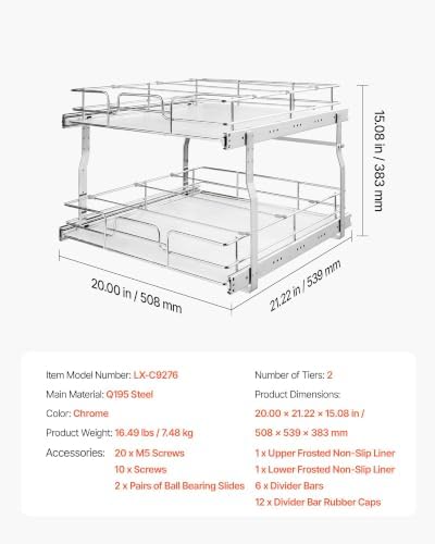 VEVOR 2 Tier Pull Out Cabinet Organizer 20" W x 21.22" D Slide Out Drawers - Image 7