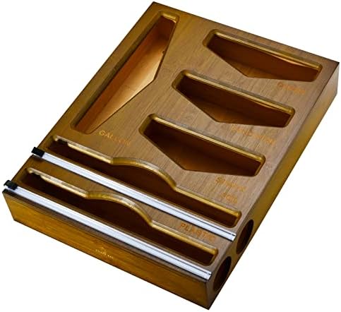 Bamboo Food Bag Organizer with Foil and Plastic Wrap Organizer, Kitchen Drawer Organizer, Wrap Dispenser with Cutter, for Gallon, Quart, Sandwich, Snack Bags and 12" Roll (Vintage Brown) by CozeeBay