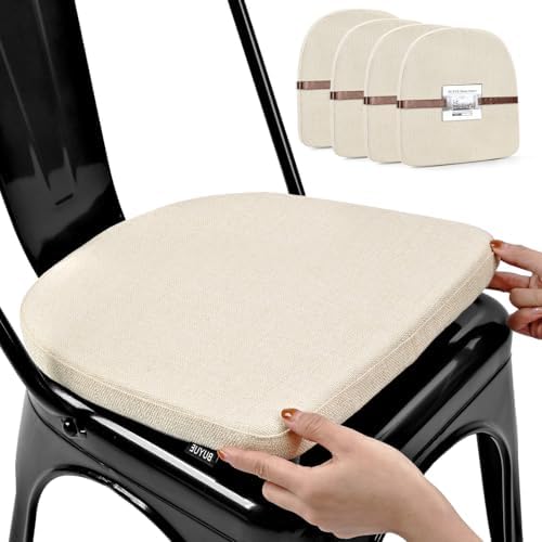BUYUE Friendly Woven Fabric 14x14 Magnetic Cushions for Metal Chair Set of 4, Enhanced Anti-Slip Seat Pads for Dining Kitchen Café Stackable Chairs (U-Shape, Beige, 4 Counts) by BUYUE