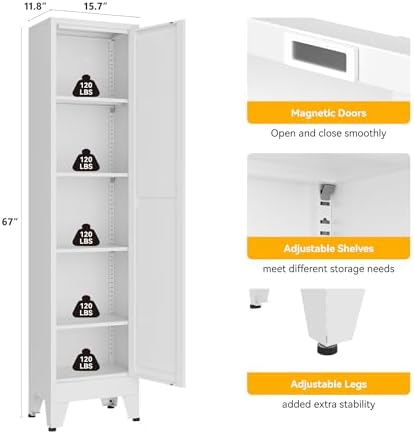 YAUWOH Narrow Metal Storage Cabinet, Tall Freestanding Cabinet with 4 Adjustable Shelves & Barn Doors, Pantry Organizer for Bathroom Kitchen Home Office Dining Room（1PC,White） - Image 3