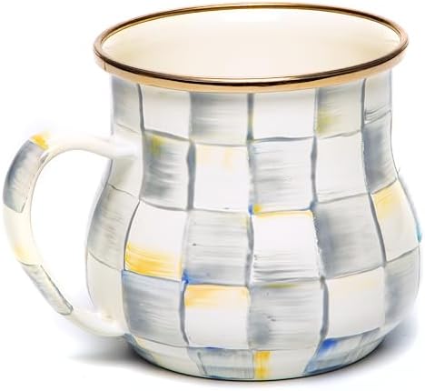 MACKENZIE-CHILDS Enamel Mug, 16 Ounces, Gray-and-White Sterling Check by Unknown