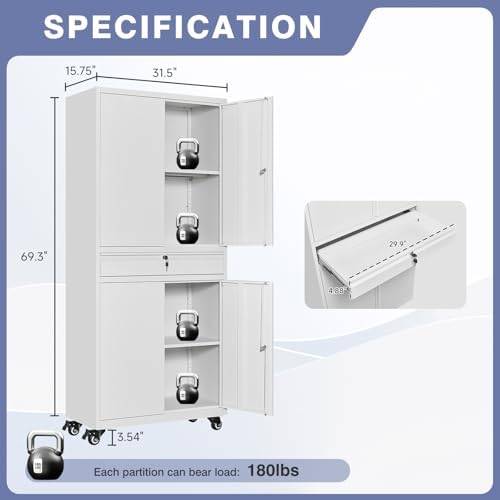 73" Metal Garage Storage Cabinet with Wheels， Rolling Tool Storage with Locking Doors， Adjustable Shelves and Drawer, Heavy Duty Steel Tool Cabinet for Garage, Warehouse, School(White) - Image 3