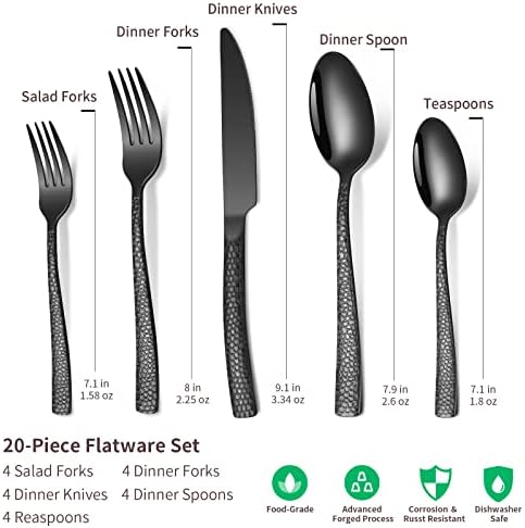 20-Piece Silverware Set, Black Hammered Stainless Steel Flatware for 4, Food-Grade Tableware, Including Fork, Knife, Spoon Set, Home Kitchen Cutlery, Dishwasher Safe - Image 2