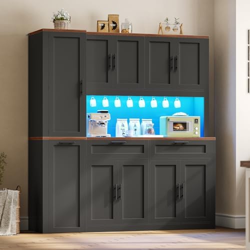 Itaar 71" Kitchen Pantry Cabinet with Charging Station and Led Light, Kitchen Storage Cabinets with Microwave Stand, 59" Wide Pantry Storage Cabinet with Storage Cart 3 Tier for Dining Room, Black - Image 3