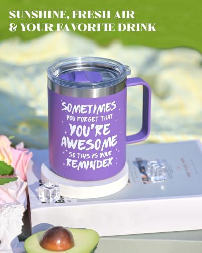 Inspirational Coffee Mug for Women, 12oz Insulated Stainless Steel Mug with Handle & 2 Lids – Sometimes You Forget You’re Awesome, Birthday & Appreciation Gift for Friend, Coworker, Purple - Image 5