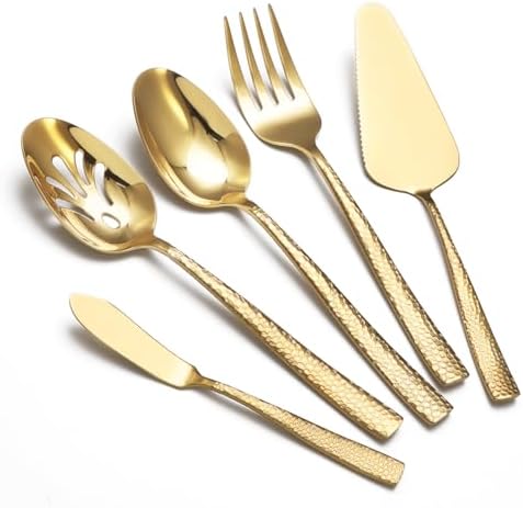 Large Hostess Serving Utensils Set, Stainless Steel Heavy Duty Hammered Serving spoons, Slotted Spoons, Serving Fork, Cake Server, Butter Knife, Dishwasher Safe (Gold) by Remoxye