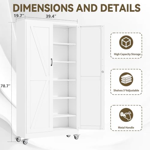 Metal Storage Cabinets with Wheels, Steel Tool Cabinets Lock Door and 5 Adjustable Shelves for Home Office, Garage, Kitchen (White, 78.7" H) - Image 2