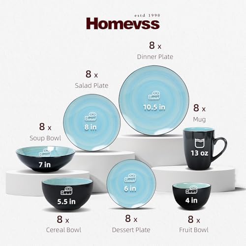 HomeVss, Stoneware Sonoma Dinnerware Set, Black + Speckled Spin Wash (56pc Set, Turquoise) - Image 2