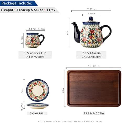 polish pottery style porcelain ceramic 10 piece Tea set,7.2oz tea cup and sauce set of 4,28.2oz teapot and wooden serving tray.（ Exotic Daisy） - Image 2