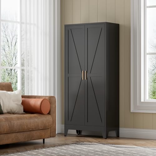 COFaR Black Farmhouse Storage Kitchen Pantry Cabinet with 2 Barn Door, 4 Adjustable Shelves and Legs, for Cupboard/Dining Room/Bathroom/Living Room/Office/Laundry Room (Black, 71" Farmhouse) - Image 2