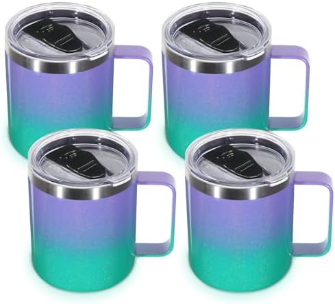 Volhoply 14oz Insulated Stainless Steel Coffee Mug with Lid Bulk 4 Pack,Double Wall Vacuum Travel Coffee Cup with Handle,Reusable Cups Tumbler,Camping Mugs Keep Hot,Ideal Gifts(Purple Green,4) by LiveFully%EF%BC%8CDrinkFreely%E2%80%94KeepGoingwithVolhoply%EF%BC%81