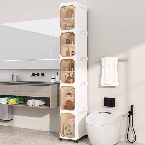 5 Tier Slim Bathroom Storage Cabinet, Foldable and Movable, Beige by Neathub