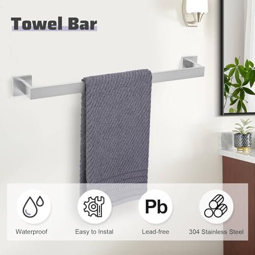 Brushed Nickel Towel Bar Set,5-Piece Bathroom Hardware Set Includes Upgraded Double Base Paper Towel Holder Modern Square Towel Holder Set,Stainless Steel Wall Mount 23.6 Inch - Image 3