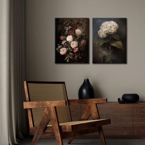Doqueodas 2 pcs Vintage Floral Canvas Wall Art, Elegant Dark Rose Hydrangea Oil Painting Print Artwork, Rustic Farmhouse Classic Painting Poster Wall Decor, Suitable for Living Room Office12x16 inch - Image 4