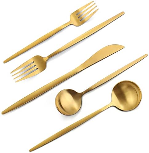 Matte Gold Silverware Set, VANVRO 20-Piece Stainless Steel Flatware Set, Satin Finish tableware Cutlery Set, Service for 4, Home and Restaurant, Dishwasher Safe by VANVRO