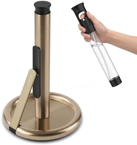 Ultrean Paper Towel Holder with Spray Bottle, Countertop Freestanding Paper Towel Dispenser with Spring-Loaded Tension Arm for One-Handed Tear, Weighted Non-Slip Base, Stainless Steel for Kitchen,Gold by Ultrean
