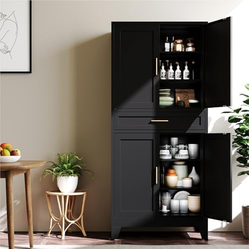 YAUWOH 71''Tall Kitchen Pantry Cabinet with Drawer,6-Tiers Metal Pantry Storage Cabinet with 4 Adjustable Shelves and 4 Barn Doors, Freestanding Farmhouse Food Cupboard for Dining Room (1PC,Black) - Image 4