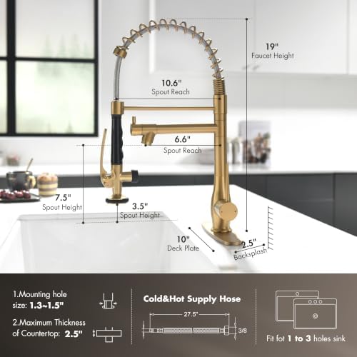 GIMILI Brushed Gold Kitchen Faucet with Pull Down Sprayer Commercial Style - Image 2