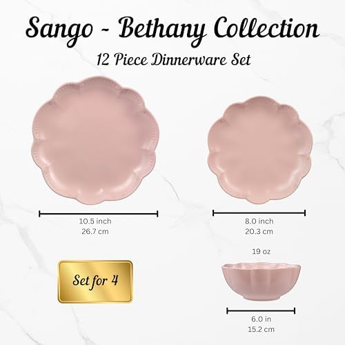 Sango 12 Pieces Scalloped Dinnerware Set, Modern Pink Dishes for 4, Premium Serving Plates & Bowls Sets, Chip Resistant, Blush Ceramic Dishware, Kitchen Dish, Microwave & Dishwasher Safe, Bethany - Image 2