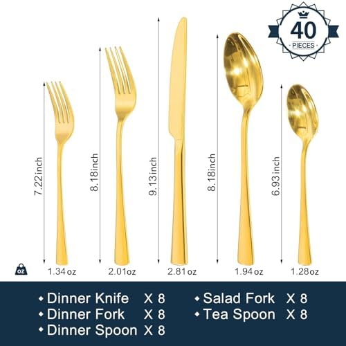 18/10 Flatware set for 8, 40 Piece Gold Stainless Steel Silverware Set - Image 6