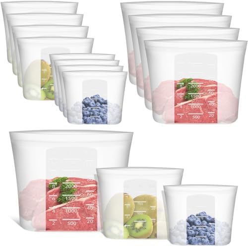 100% Silicone Reusable Storage Bag, 12 Pack Stand-Up Wide-Mouth Zip-Lock Food Storage Bags, Easy-Fill Easy-Open Easy-Clean Space-Saving, Microwave & Dishwasher Safe, Gallon/Sandwich/Snack, Translucent by Annaklin