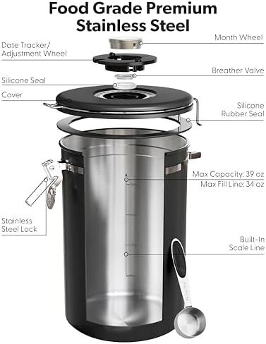 Veken Coffee Canister with Window, 39OZ Large Airtight Stainless Steel Jars - Image 7