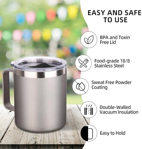 Volhoply 14oz Insulated Stainless Steel Coffee Mug with Lid Bulk 4 Pack,Double Wall Vacuum Travel Coffee Cup with Handle,Reusable Cups Tumbler Cup,Camping Mugs Keep Hot,Ideal Gifts(Gray,4 Set) - Image 4