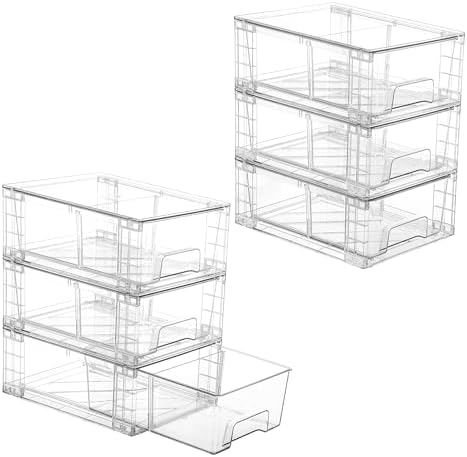 Vtopmart 6 Pack Stackable Storage Drawers,Clear Acrylic Drawer Organizers with Handles, Easily Assemble Containers for Fridge, Bathroom,Kitchen Undersink,Cabinet,Pantry Organization and Storage by Vtopmart