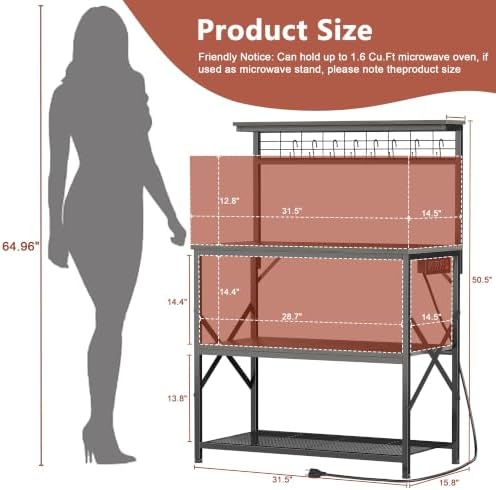 Furologee Bakers Rack with Power Outlet, 31.5-Inch Wide Microwave Stand - Image 3