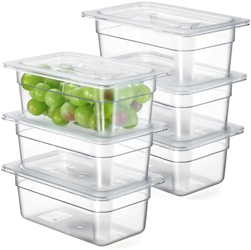 CURTA 6-Pack 1/4 Size 4" Deep NSF Polycarbonate Food Pans with Handled Lids & Drain Trays | Dishwasher & Freezer Safe Clear Container for Prep Tables, Buffet, Salad Bar, Commercial & Home Kitchen by CURTA